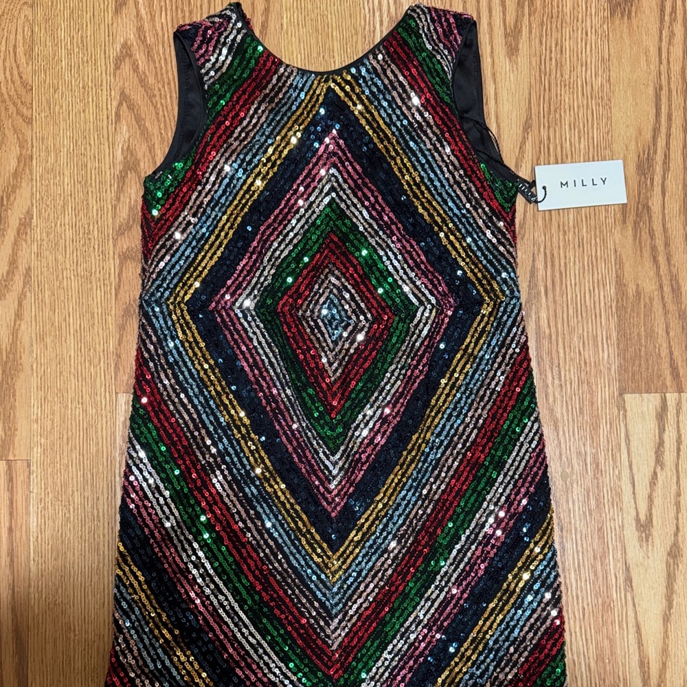 Milly Geometric Sequin Blouse in Red, Green, Gold, and Black